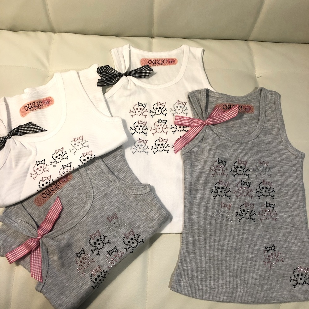 Ouch! Skull beaded tank. Color: Grey/Pink ribbon& White/back ribbon 100% cotton